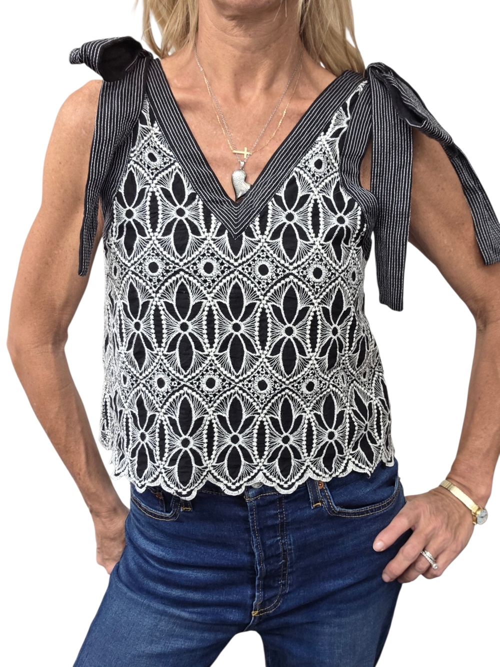 Black White Embroidered Lace Crop Top Tie Strap Tank Size S
